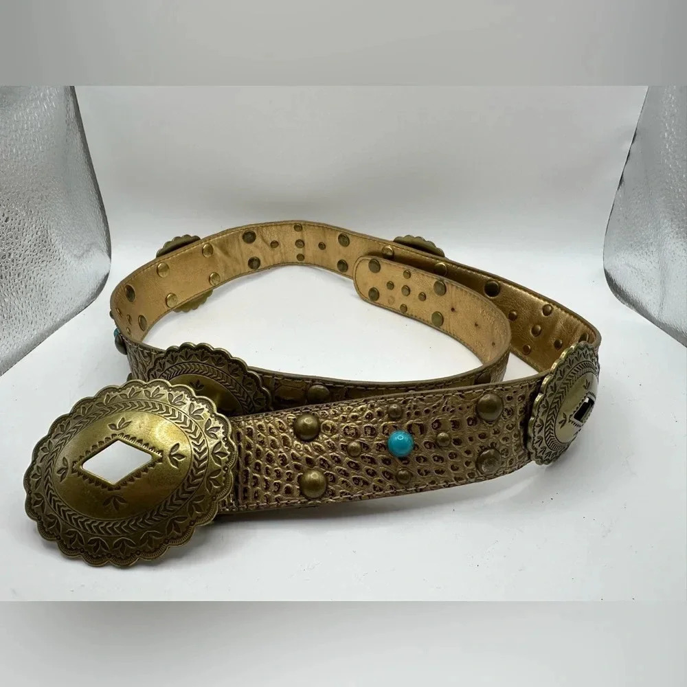 VTG 90s Kathy Van Zeeland Belt Women’s Large Leather Gold Medallions Turquoise